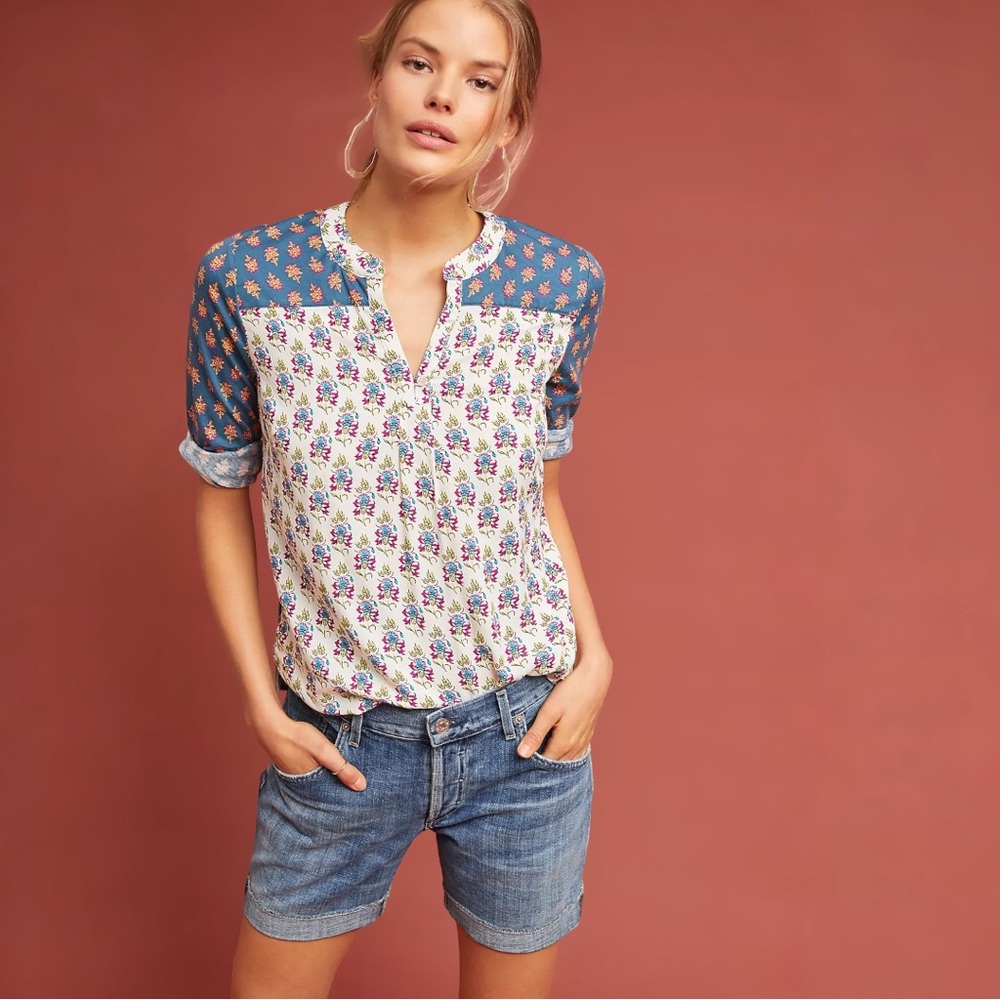 Anthropologie Blue and White Floral Blouse